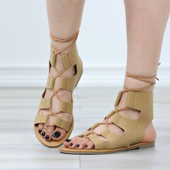 Gray Gladiator Laced-Up Bootie Style Flat Sandals - Picture 1 of 11
